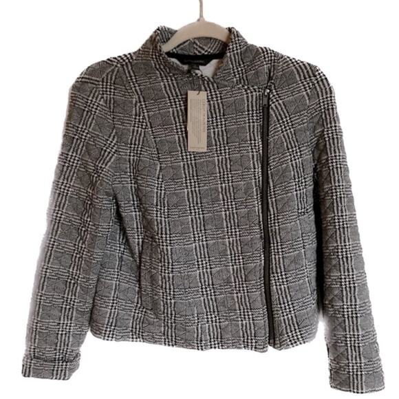 Banana Republic Factory Womens SP Grey Plaid Quilted Crop Moto Jacket Academia - Picture 2 of 8